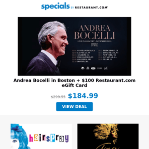 Andrea Bocelli in Boston | HAIRSPRAY Lights Up Boston  | Hit Musical TINA in Boston