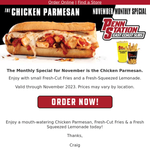 The November Monthly Special is The Chicken Parmesan