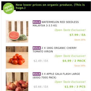 WATERMELON RED SEEDLESS MALAYSIA 3-3.5 KG ($7.99 / EA), 2 X 180G ORGANIC CHERRY TOMATO VIRGIN and many more!