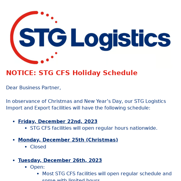 Notice: STG CFS Holiday Schedule