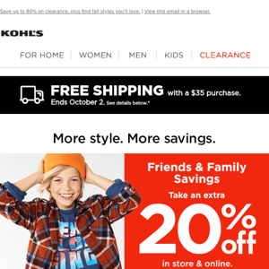 Last chance to take 20% off + earn Kohl's Cash!