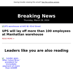 UPS will lay off more than 100 employees at Manhattan warehouse