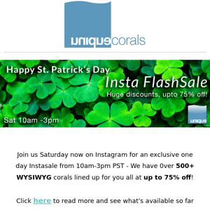 500+ WYSIWYG Corals at up to 75% off - today only !! Join us on Instagram now for an exclusive St Patty's Sale!  ﻿ ﻿ 　　