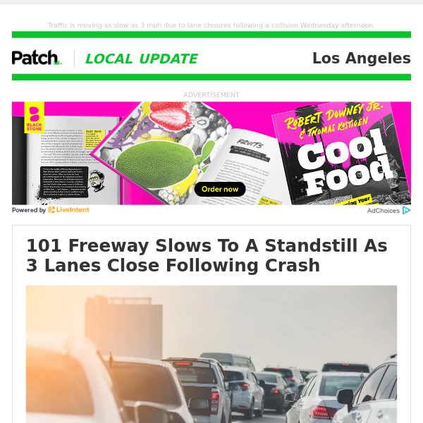 101 Freeway Slows To A Standstill As 3 Lanes Close Following Crash (Wed 3:14:34 PM)