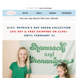 20% Off Our Green Collection, Boys Pants & Long Sleeve Dresses