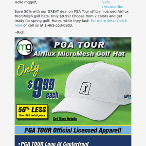 Just stocked! PGA TOUR licensed Airflux MicroMesh Hats--Save 50%, Only $9.99!