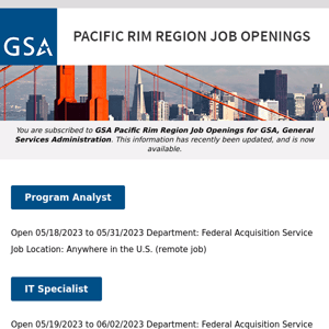 New/Current Job Opportunities in the GSA Pacific Rim Region