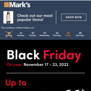 Save on kids' clothing and footwear during Mark's Black Friday Event.