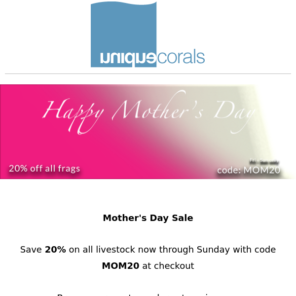 Mother's Day Sale! Save 20% on all livestock now through Sunday with code MOM20 at checkout! + R2R Livesale 5/15  ﻿ ﻿ 　　