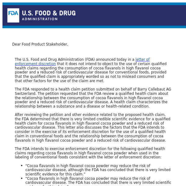 FDA Announces Qualified Health Claim for Cocoa Flavanols in High Flavanol Cocoa Powder and Reduced Risk of Cardiovascular Disease