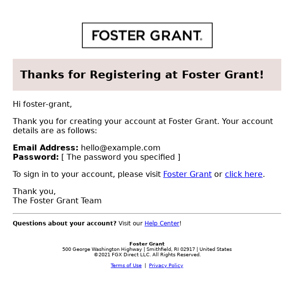 Thanks for Registering at Foster Grant