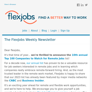 Top 100 Companies to Watch for Remote Jobs in 2023 | Register for FlexJobs’ Virtual Job Fair, and More!