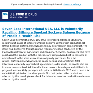 Seven Seas International USA, LLC is Voluntarily Recalling Biltmore Smoked Sockeye Salmon Because of Possible Health Risk