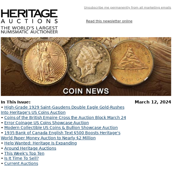 Coin News: High-Grade 1929 Saint-Gaudens Double Eagle Gold-Rushes Into Heritage’s US Coins Auction