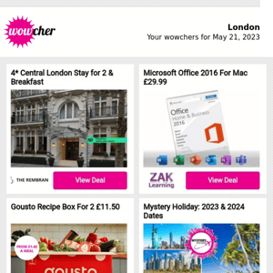 4* Central London Stay for 2 & Breakfast  | Microsoft Office 2016 For Mac £29.99 | Gousto Recipe Box For 2 £11.50 | Mystery Holiday: 2023 & 2024 Dates | Baglioni Italian Dining & Prosecco For 2