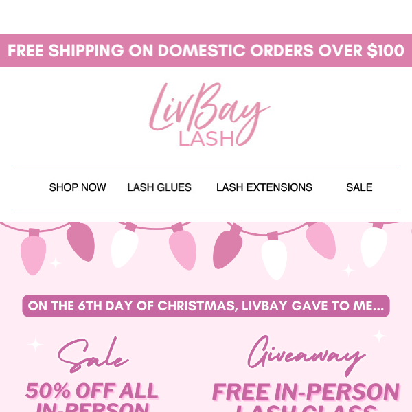 50% Off In Person Classes for the 6th Day of Lashmas! 💕
