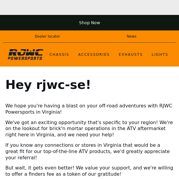 Help Us Grow in Virginia! Refer Local ATV Dealers and Win $250!