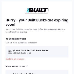 Your Built Bucks from Built Bar expire on December 02, 2022