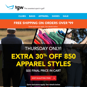 Thursday Only! Extra 30% Off Apparel + 12 Email Only Price Drops