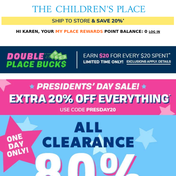 1 Day Only: 80% OFF ALL CLEARANCE (w/ code PRESDAY20) – no exclusions!