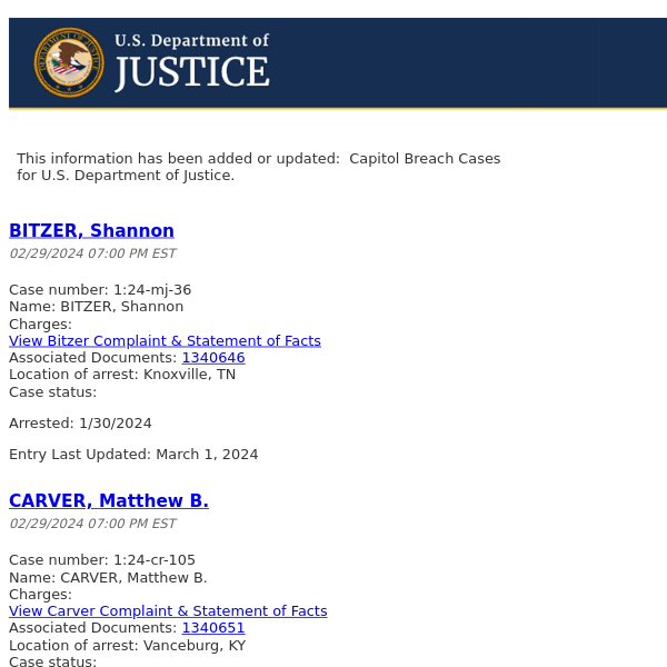 Update to Capitol Breach Cases Webpage