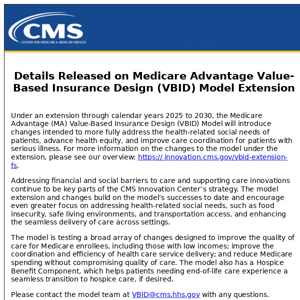 Details Released on Medicare Advantage Value-Based Insurance Design (VBID) Model Extension