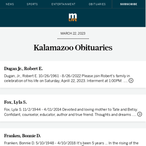 Today's Kalamazoo obituaries for March 22, 2023