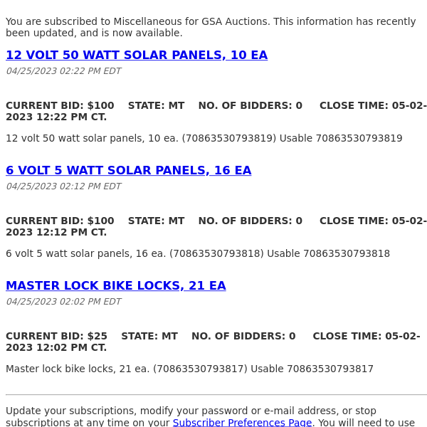 GSA Auctions Miscellaneous Update