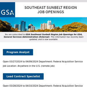 New/Current Job Opportunities in the GSA Southeast Sunbelt Region