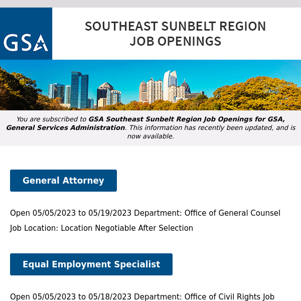 New/Current Job Opportunities in the GSA Southeast Sunbelt Region