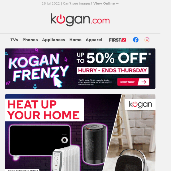 Kogan Frenzy Sale Starts NOW! Get up to 50% OFF Heaters, Air Fryers & More for Three Days Only - Hurry, Ends Thursday!