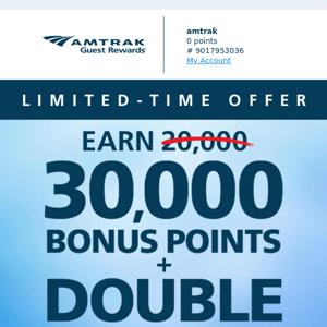 Amtrak, this offer for 30K bonus points + 2X coupons ends soon.