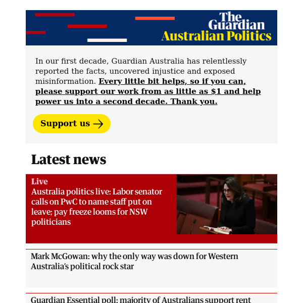 Australian politics: Australia politics live: Labor senator calls on PwC to name staff put on leave; pay freeze looms for NSW politicians