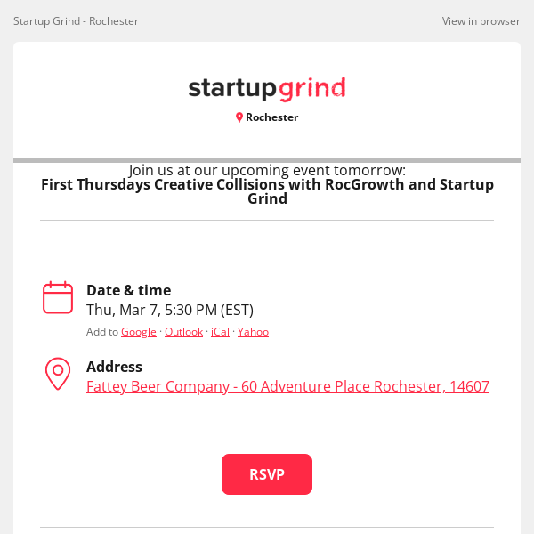Event Tomorrow: First Thursdays Creative Collisions with RocGrowth and Startup Grind