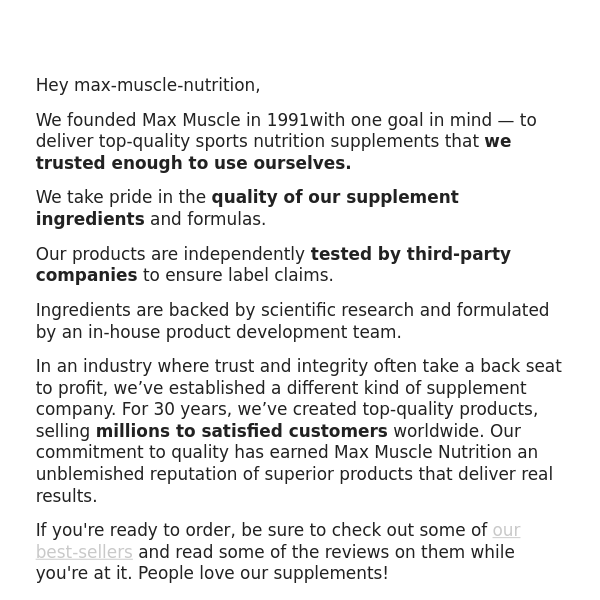 Hey Max Muscle Nutrition, we're the founders of Max Muscle!