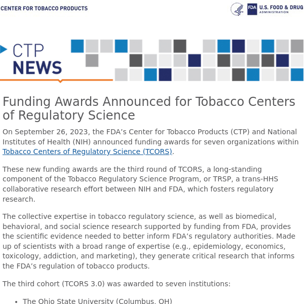 Funding Awards Announced for Tobacco Centers of Regulatory Science