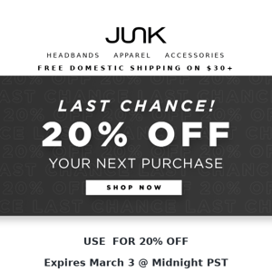 Last Chance | 20% Off JUNK Headbands, Just For You