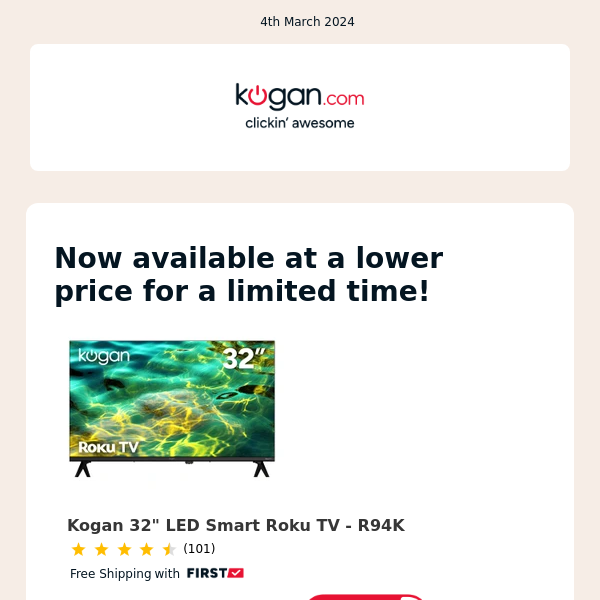 PRICE DROP: Kogan 32" LED Smart Roku TV - R94K