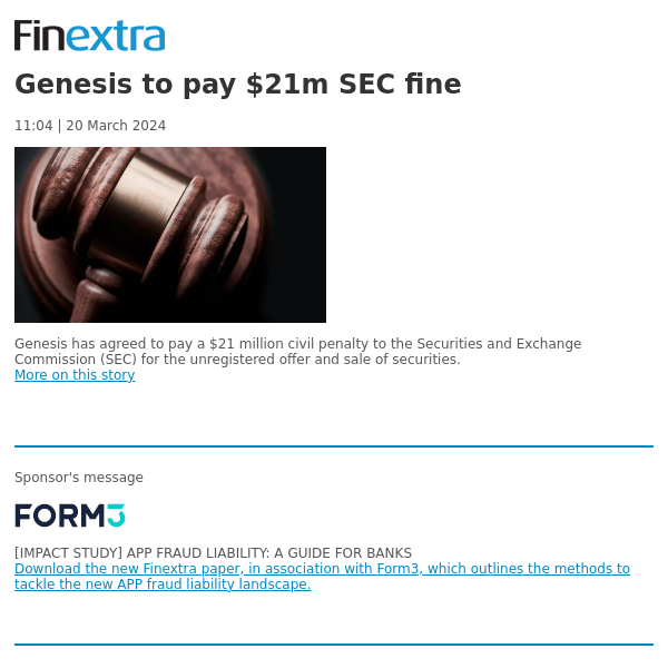 Finextra News Flash: Genesis to pay $21m SEC fine