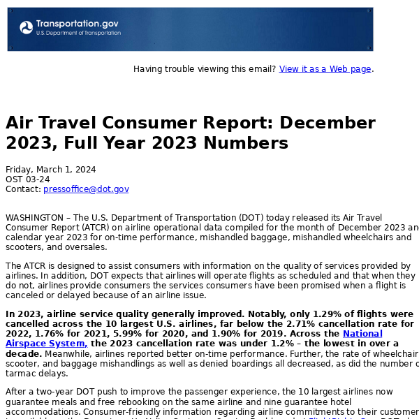 Air Travel Consumer Report: December 2023, Full Year 2023 Numbers