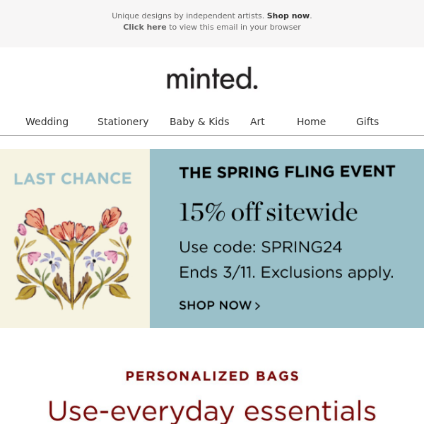Spring into 15% off personalized bags