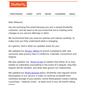 Please read – important update regarding your use of Shutterfly