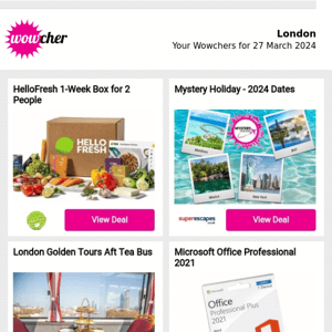 HelloFresh 1-Week Box for 2 People  | Mystery Holiday - 2024 Dates | London Golden Tours Aft Tea Bus | Luxury Yorkshire Break for 2 or 4 | Bannatyne Elemis Pamper Spa Day
