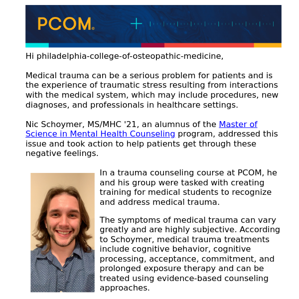 PCOM mental health counseling alumnus continues his studies in medical trauma