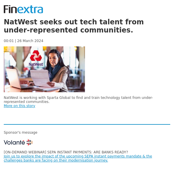 Finextra News Flash: NatWest seeks out tech talent from under-represented communities.