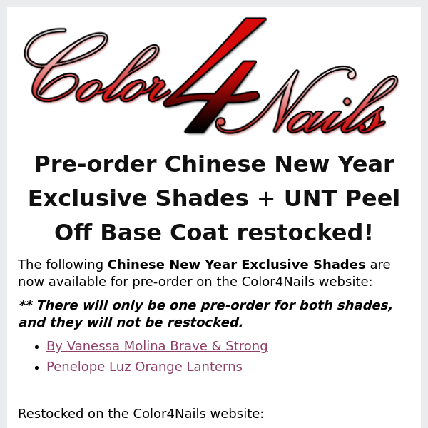 Chinese New Year Exclusive Shades now available for pre-order + UNT Peel Off Base Coat restocked