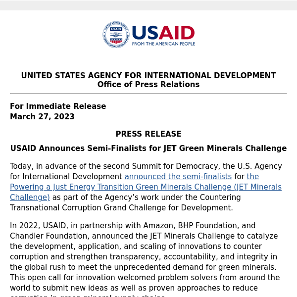 PRESS RELEASE: USAID Announces Semi-Finalists for JET Green Minerals Challenge