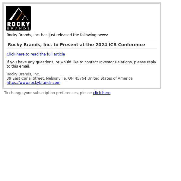 Rocky Brands, Inc. to Present at the 2024 ICR Conference