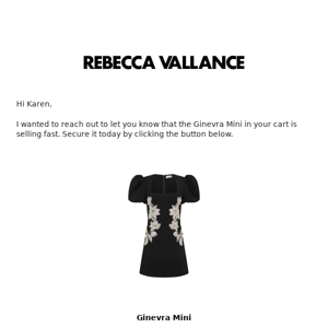 Rebecca Vallance, items in your cart are selling fast!