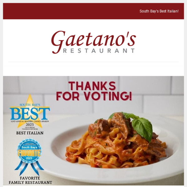 Thanks for Voting Us South Bay's Best Italian!🏆